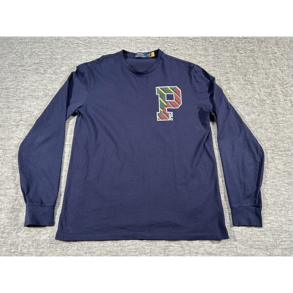 Polo Ralph Lauren Shirt Mens Medium Navy Blue Long Sleeve P-Logo Pullover - Picture 1 of 12